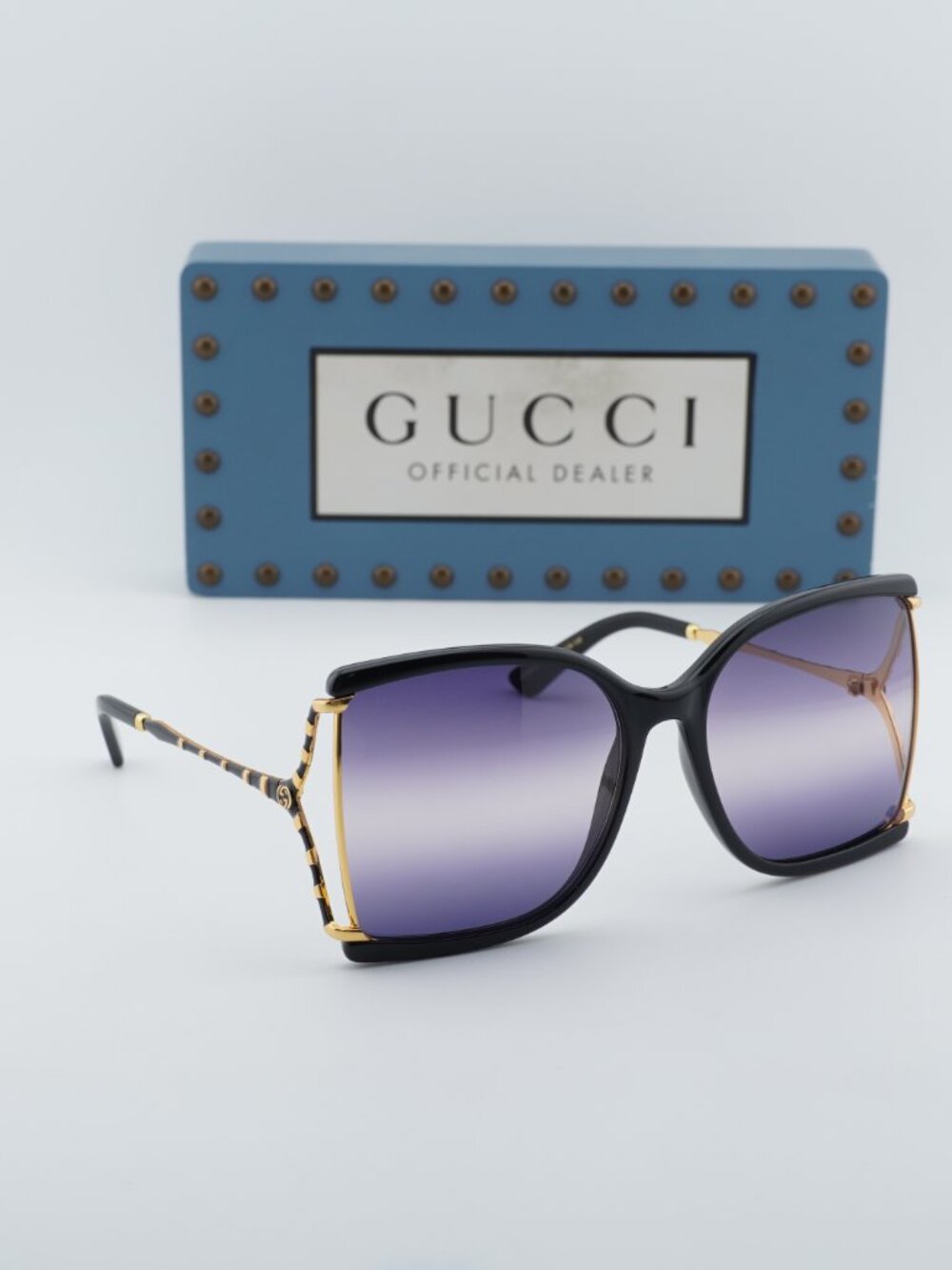 Gucci GG0592S 002 Square Sunglasses - Black / Gold / Smoke Gradient - Picture 7 of 11
